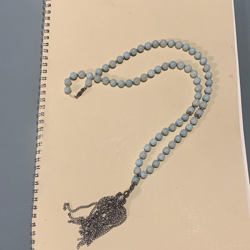 Light blue beaded mala necklace